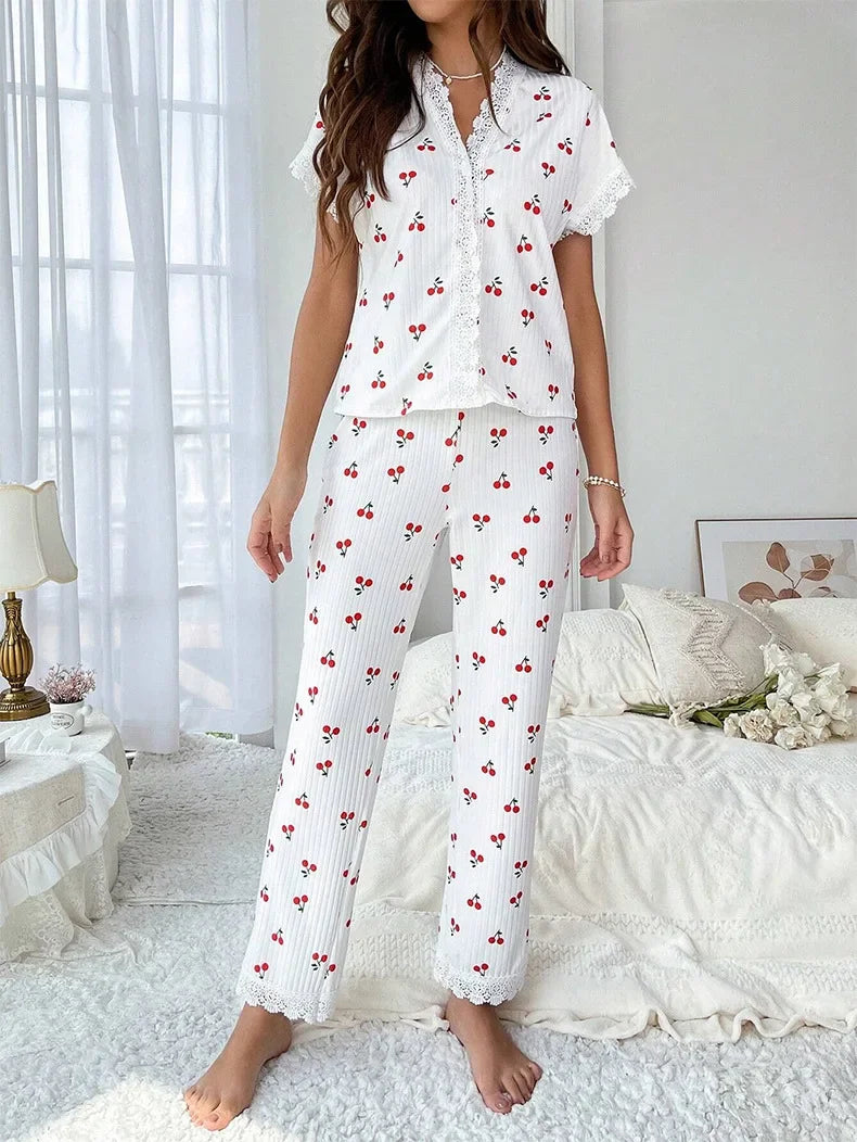 IMIEMIE Lace Trim Women Pajama Set Short Sleeve Front Button Top & Full-Length Pants Cherry Print 2 Pieces Sleepwear Nightwear Homewear