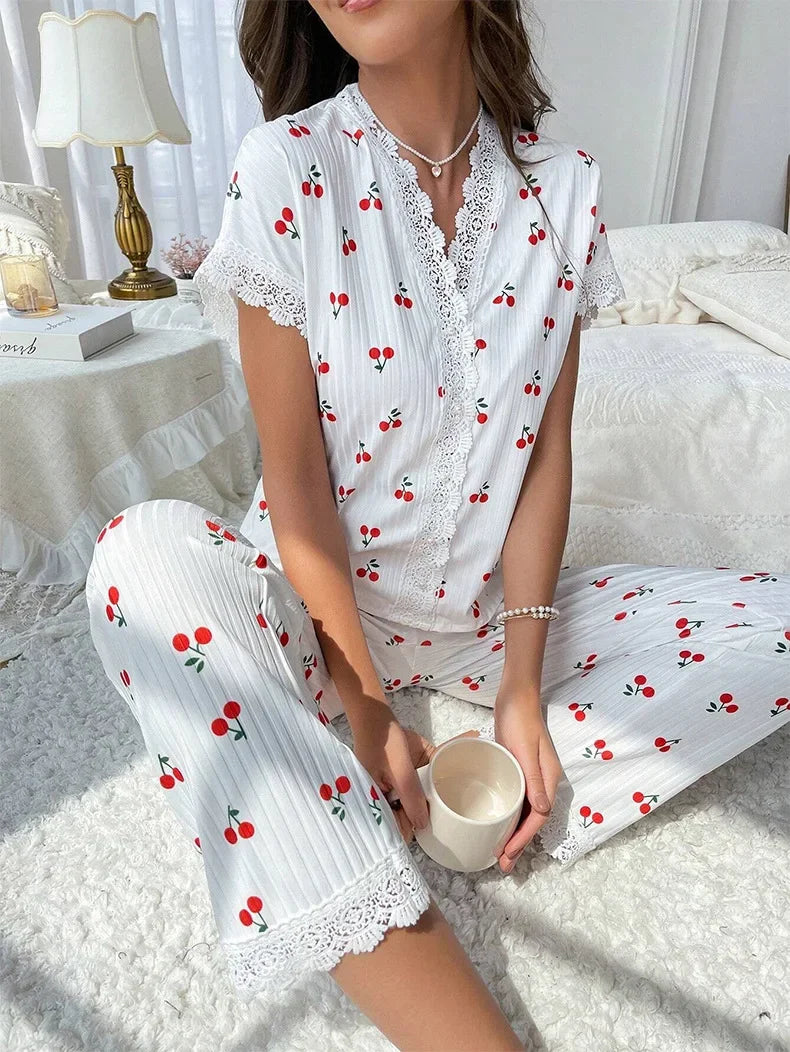 IMIEMIE Lace Trim Women Pajama Set Short Sleeve Front Button Top & Full-Length Pants Cherry Print 2 Pieces Sleepwear Nightwear Homewear