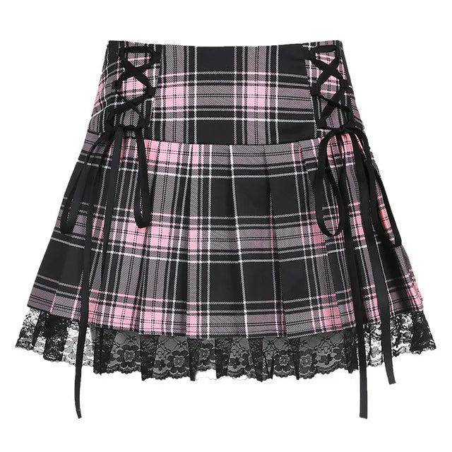 IMIEMIE Lace Up Goth Y2K Woman Skirts Pink Stripe Plaid Lace Trim Pleated School Skirt Punk Dark Academia Aesthetic E Girl Clothes