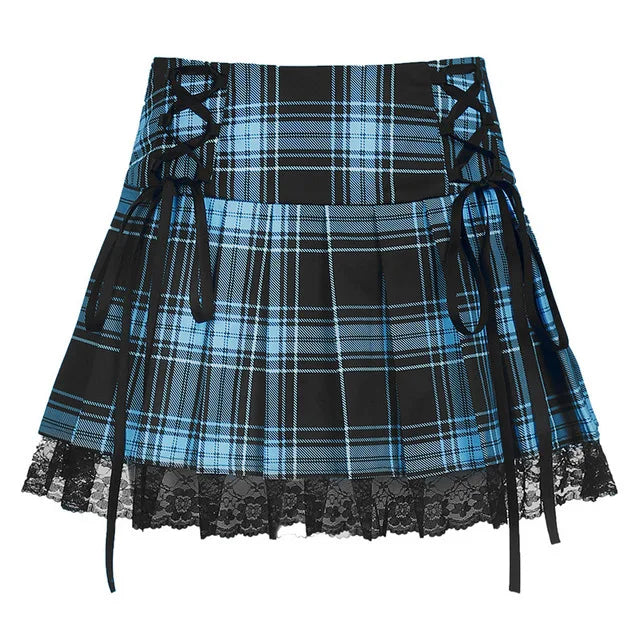 IMIEMIE Lace Up Goth Y2K Woman Skirts Pink Stripe Plaid Lace Trim Pleated School Skirt Punk Dark Academia Aesthetic E Girl Clothes