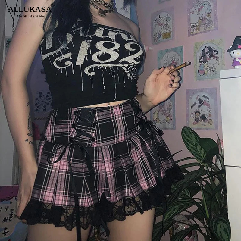 IMIEMIE Lace Up Goth Y2K Woman Skirts Pink Stripe Plaid Lace Trim Pleated School Skirt Punk Dark Academia Aesthetic E Girl Clothes