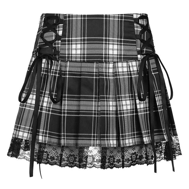 IMIEMIE Lace Up Goth Y2K Woman Skirts Pink Stripe Plaid Lace Trim Pleated School Skirt Punk Dark Academia Aesthetic E Girl Clothes