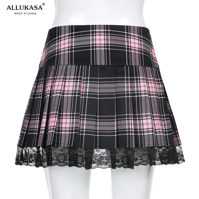 IMIEMIE Lace Up Goth Y2K Woman Skirts Pink Stripe Plaid Lace Trim Pleated School Skirt Punk Dark Academia Aesthetic E Girl Clothes