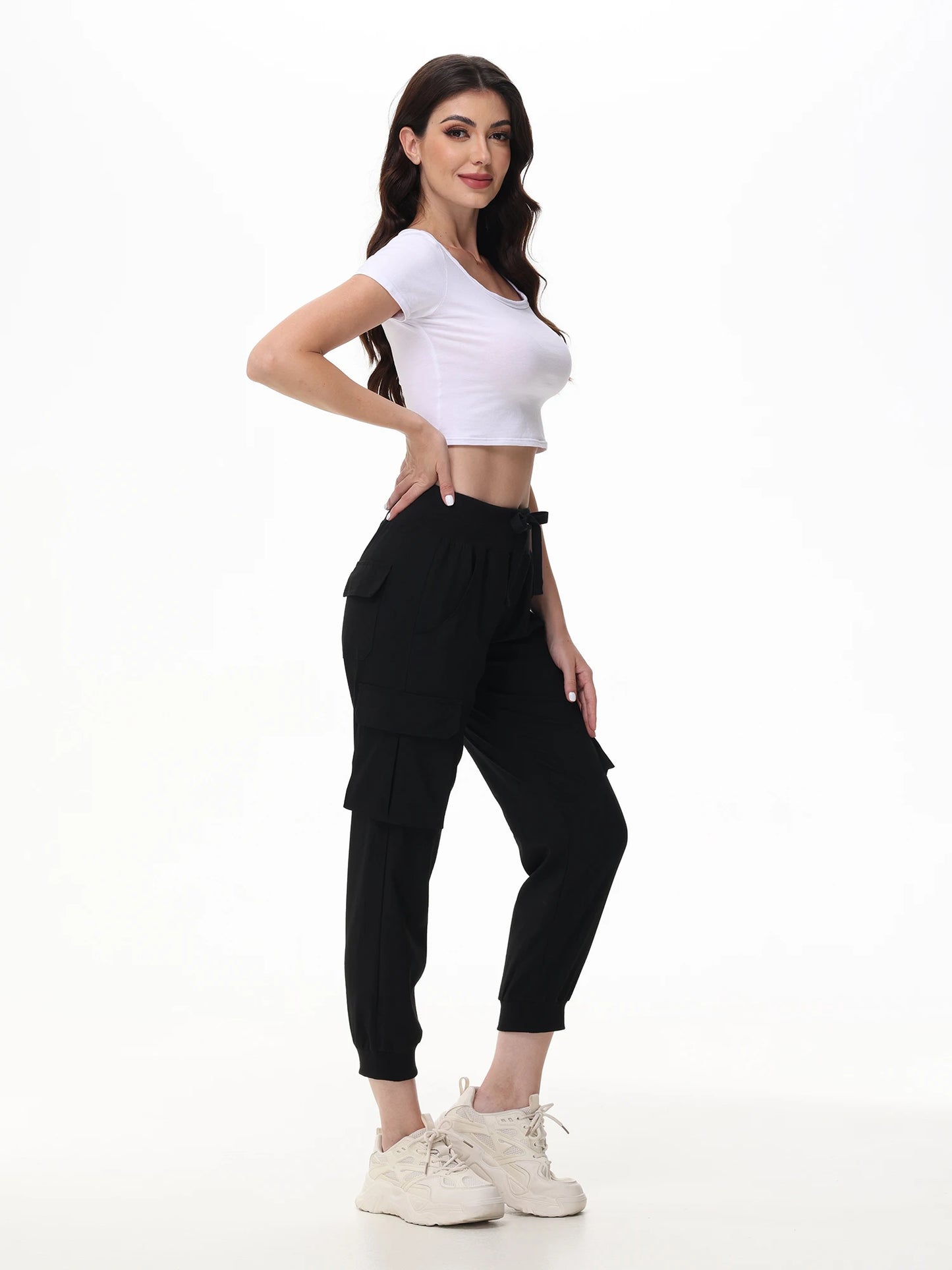 IMIEMIE Ladies' Casual Yoga Jogging Pants, Elastic Fabric and Breathable Cropped Pants,  Trousers with 6 Pockets for Women Moms