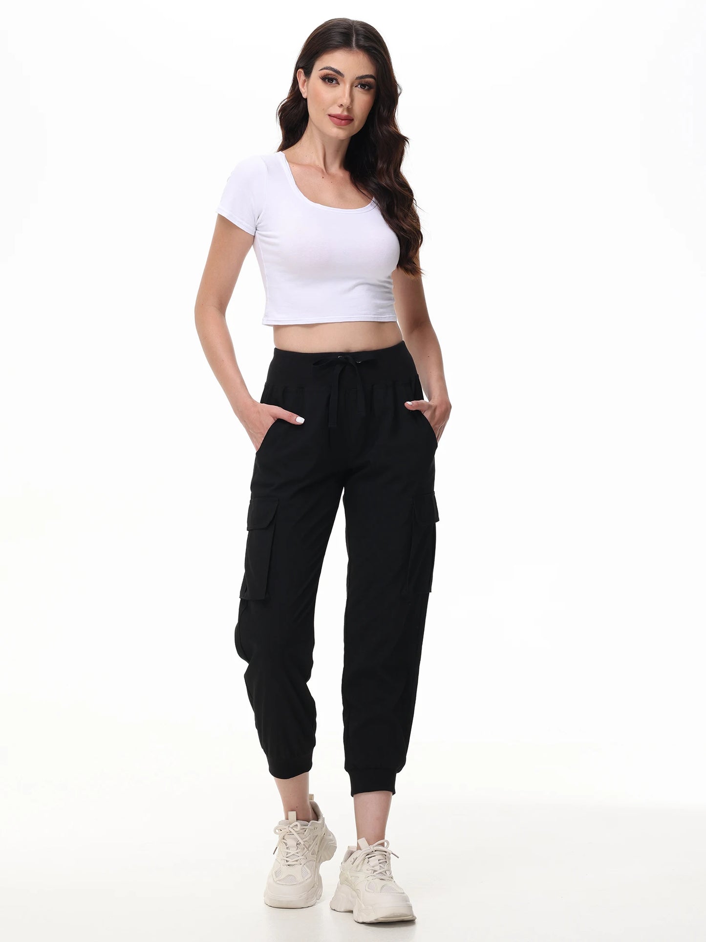 IMIEMIE Ladies' Casual Yoga Jogging Pants, Elastic Fabric and Breathable Cropped Pants,  Trousers with 6 Pockets for Women Moms