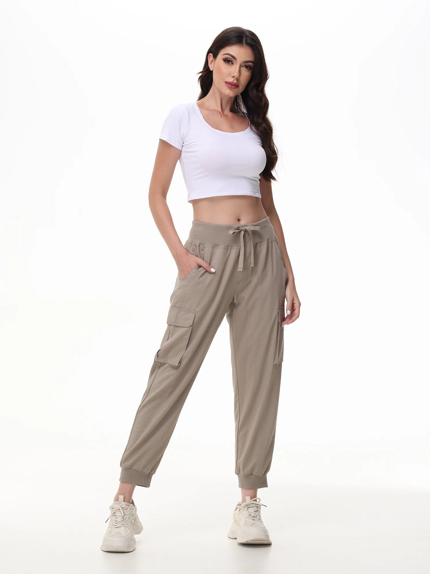 IMIEMIE Ladies' Casual Yoga Jogging Pants, Elastic Fabric and Breathable Cropped Pants,  Trousers with 6 Pockets for Women Moms