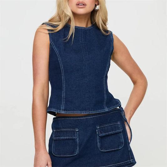 IMIEMIE Lamuusaa Denim Tops for Women y2k Clothes Solid Color Round Neck Sleeveless Backless Jeans Vest Fashion Waistcoat Streetwear