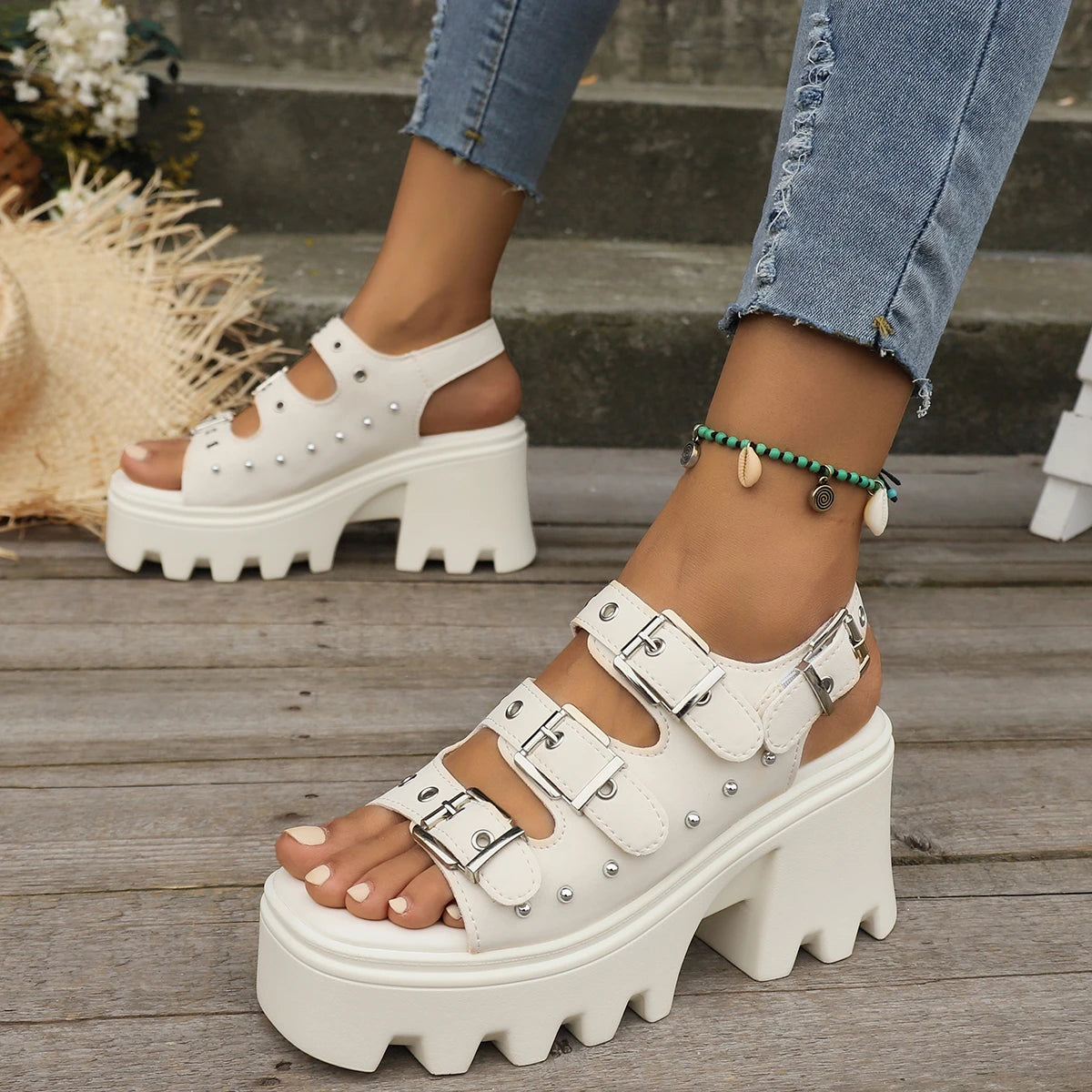 IMIEMIE Large Size Women High Heeled Sandals Summer Punk Height Increasing Sandal Motorcycle Gothic Woman Shoes Khaki Platform Sandals