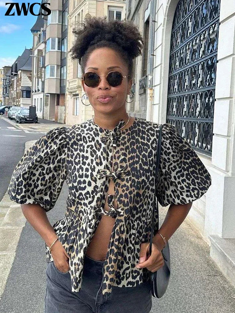 IMIEMIE Leopard Print Lace Up Shirt Women Puff Short Sleeve Hollow Out O-neck Blouse 2024 Summer Female Fashion Commuter Tops Streetwear