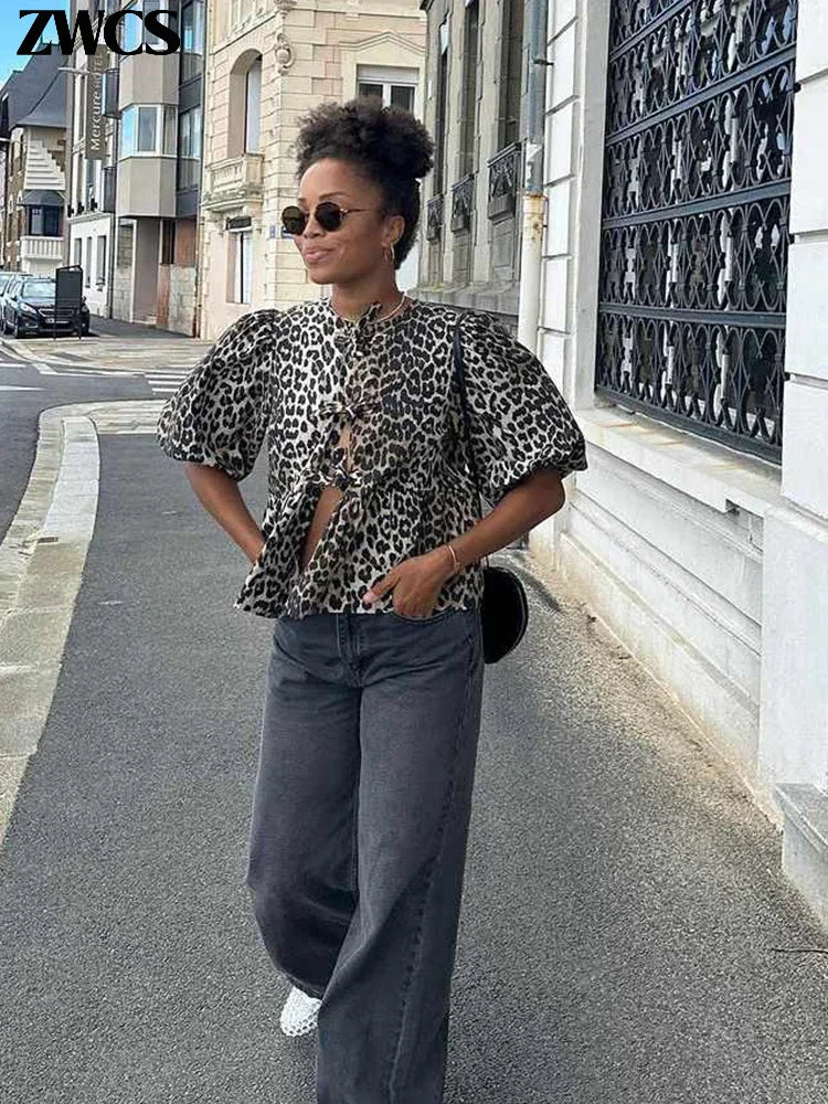 IMIEMIE Leopard Print Lace Up Shirt Women Puff Short Sleeve Hollow Out O-neck Blouse 2024 Summer Female Fashion Commuter Tops Streetwear