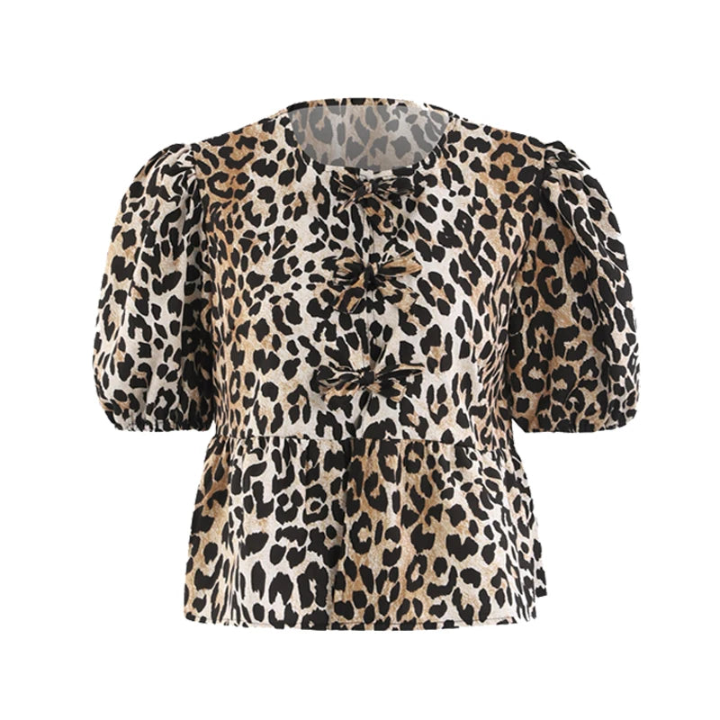 IMIEMIE Leopard Print Shirt For Women Bow Lace Up O-neck Short Puff Sleeve Female T-shirt 2024 Summer Fashion All-match Street Lady Tops