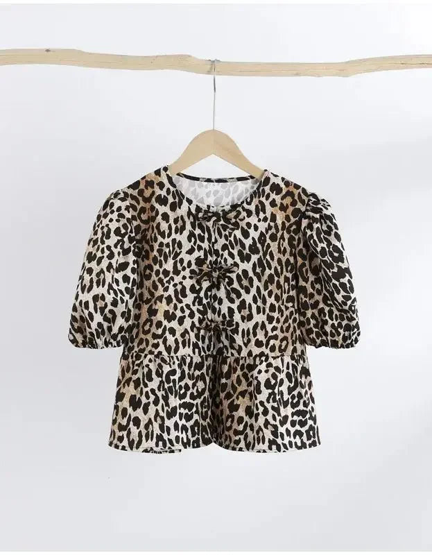 IMIEMIE Leopard Print Shirt For Women Bow Lace Up O-neck Short Puff Sleeve Female T-shirt 2024 Summer Fashion All-match Street Lady Tops