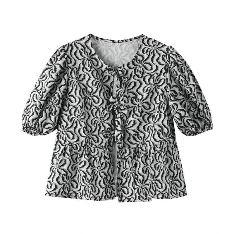 IMIEMIE Leopard Print Shirt For Women Bow Lace Up O-neck Short Puff Sleeve Female T-shirt 2024 Summer Fashion All-match Street Lady Tops