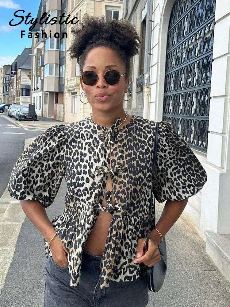 IMIEMIE Leopard Print Shirt For Women Bow Lace Up O-neck Short Puff Sleeve Female T-shirt 2024 Summer Fashion All-match Street Lady Tops