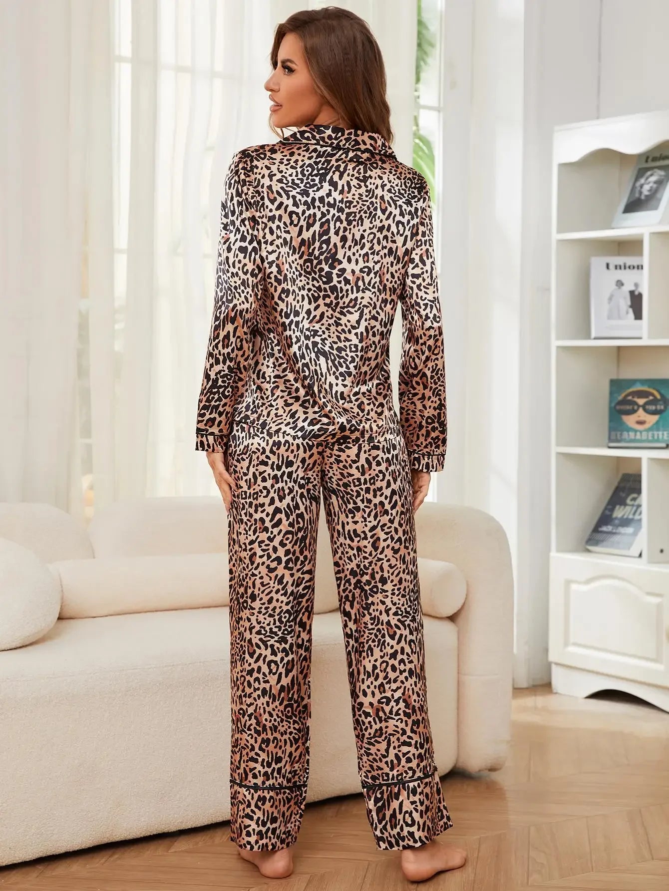 IMIEMIE Leopard Print Silk Satin Women Pajama Sets Long Sleeves Front Button Top & Full-Length Pants 2 Piece Female Sleepwear Nightwear