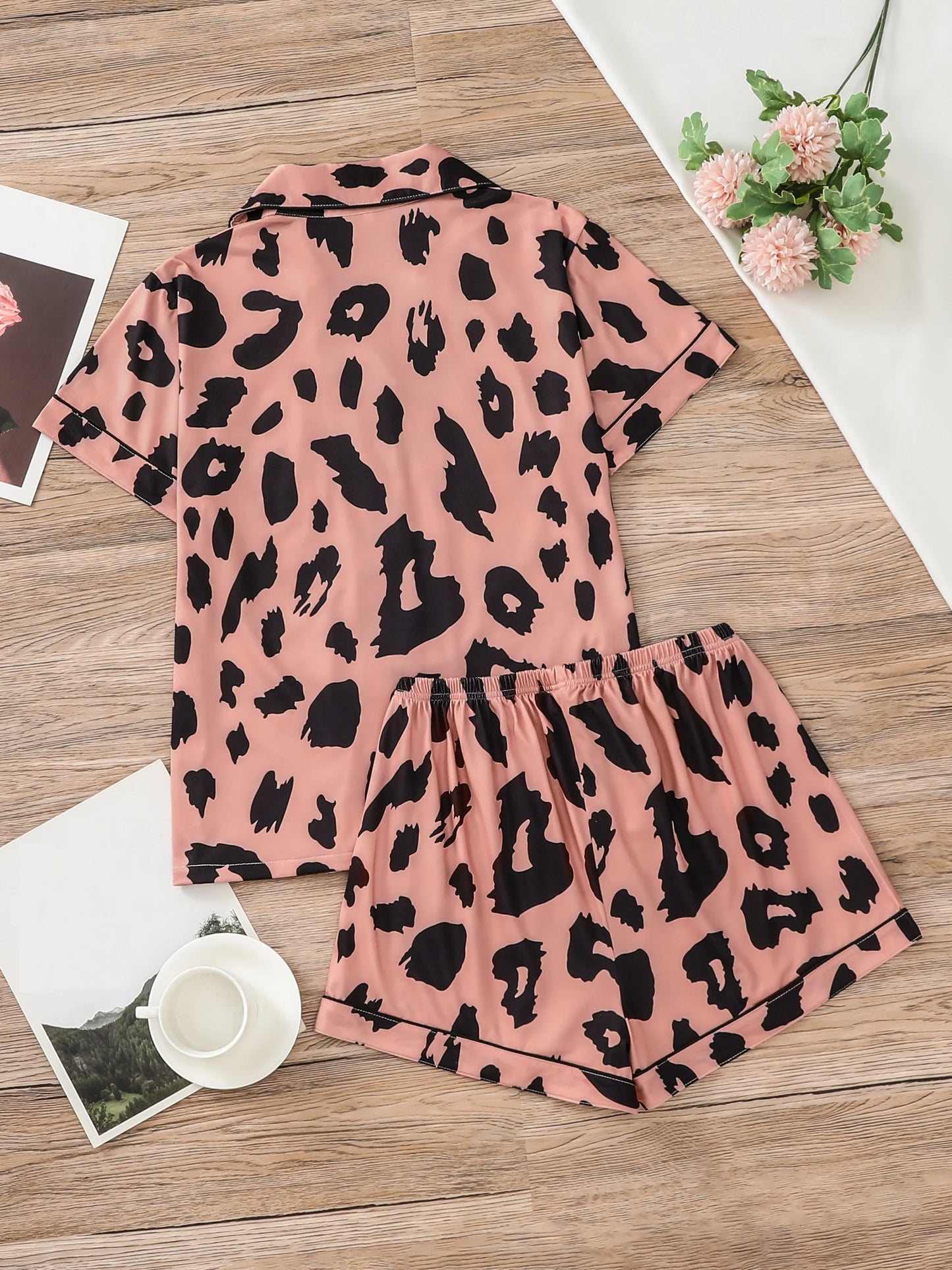 IMIEMIE Leopard print pajama set button-down cardigan lapel short elastic waistband shorts women's pajamas women's loungewear