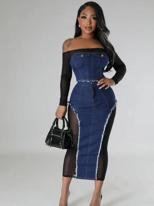 IMIEMIE Leosd Sexy Black Mesh Patchwork Blue Denim Long Skirt Sets Women Long Sleeve Slash Neck Crop Top 2 Pieces Sets Party Clubwear