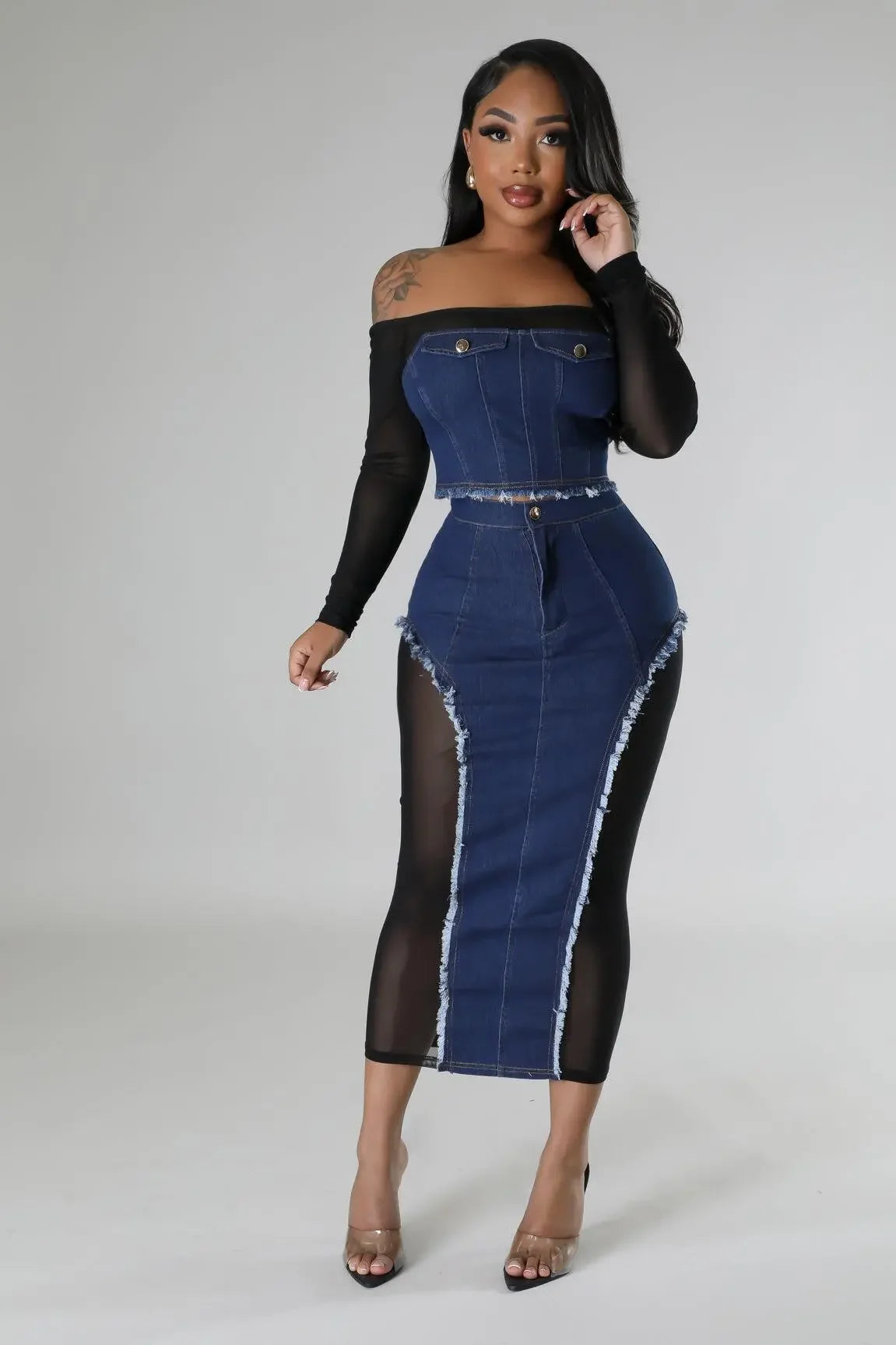 IMIEMIE Leosd Sexy Black Mesh Patchwork Blue Denim Long Skirt Sets Women Long Sleeve Slash Neck Crop Top 2 Pieces Sets Party Clubwear