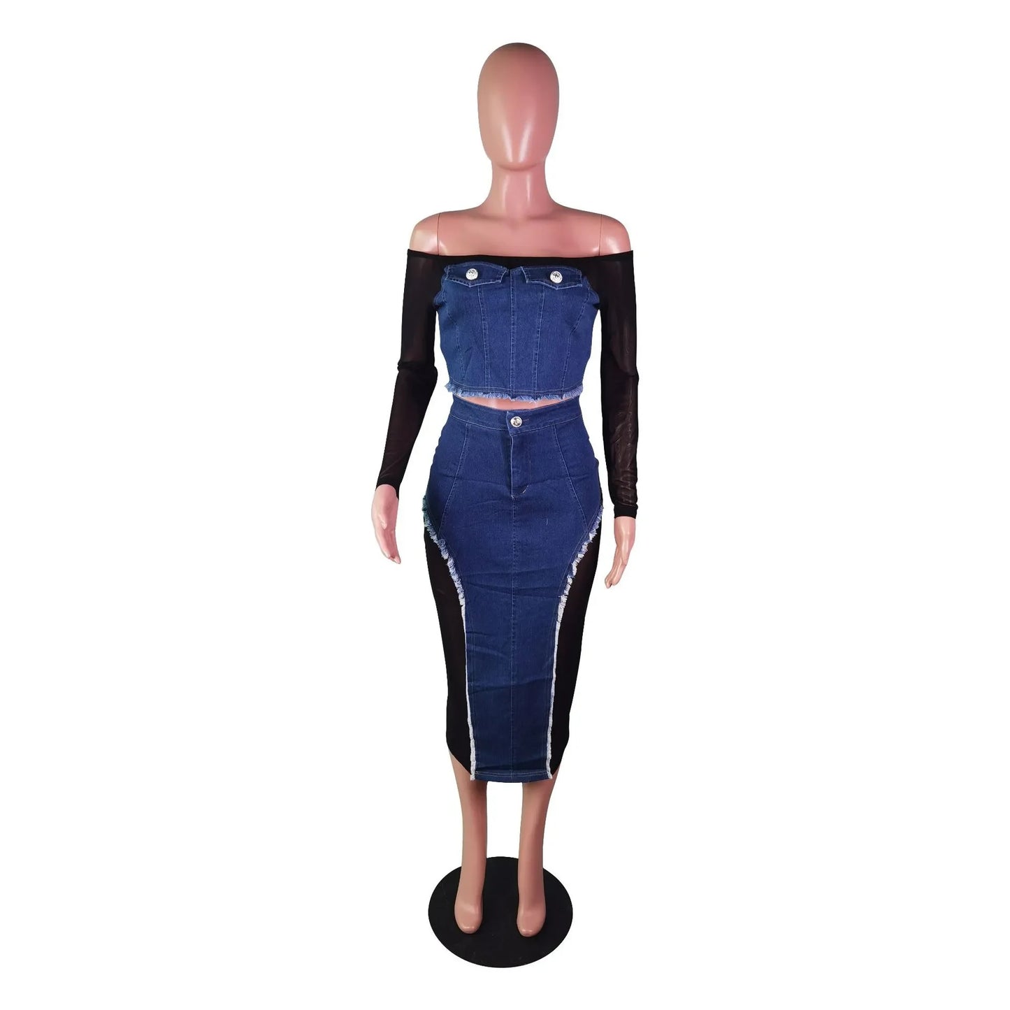 IMIEMIE Leosd Sexy Black Mesh Patchwork Blue Denim Long Skirt Sets Women Long Sleeve Slash Neck Crop Top 2 Pieces Sets Party Clubwear