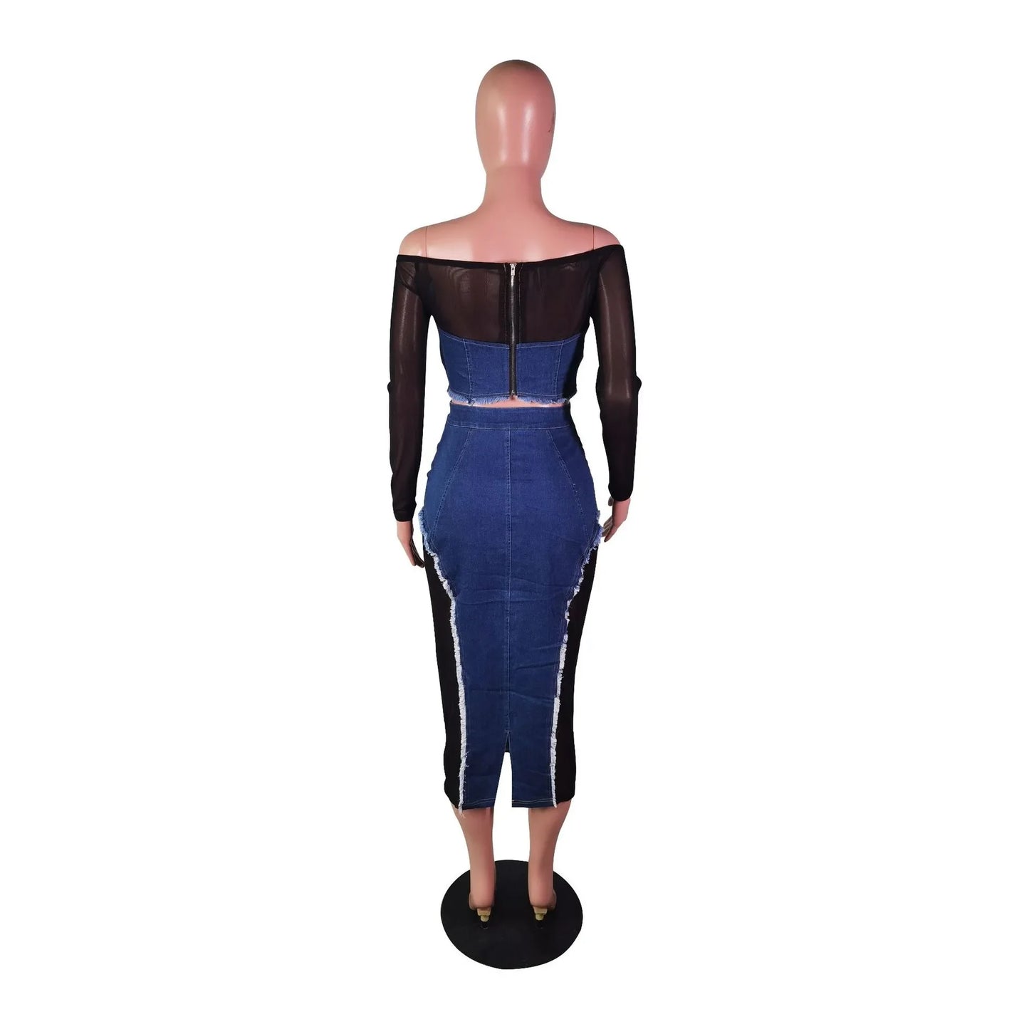 IMIEMIE Leosd Sexy Black Mesh Patchwork Blue Denim Long Skirt Sets Women Long Sleeve Slash Neck Crop Top 2 Pieces Sets Party Clubwear