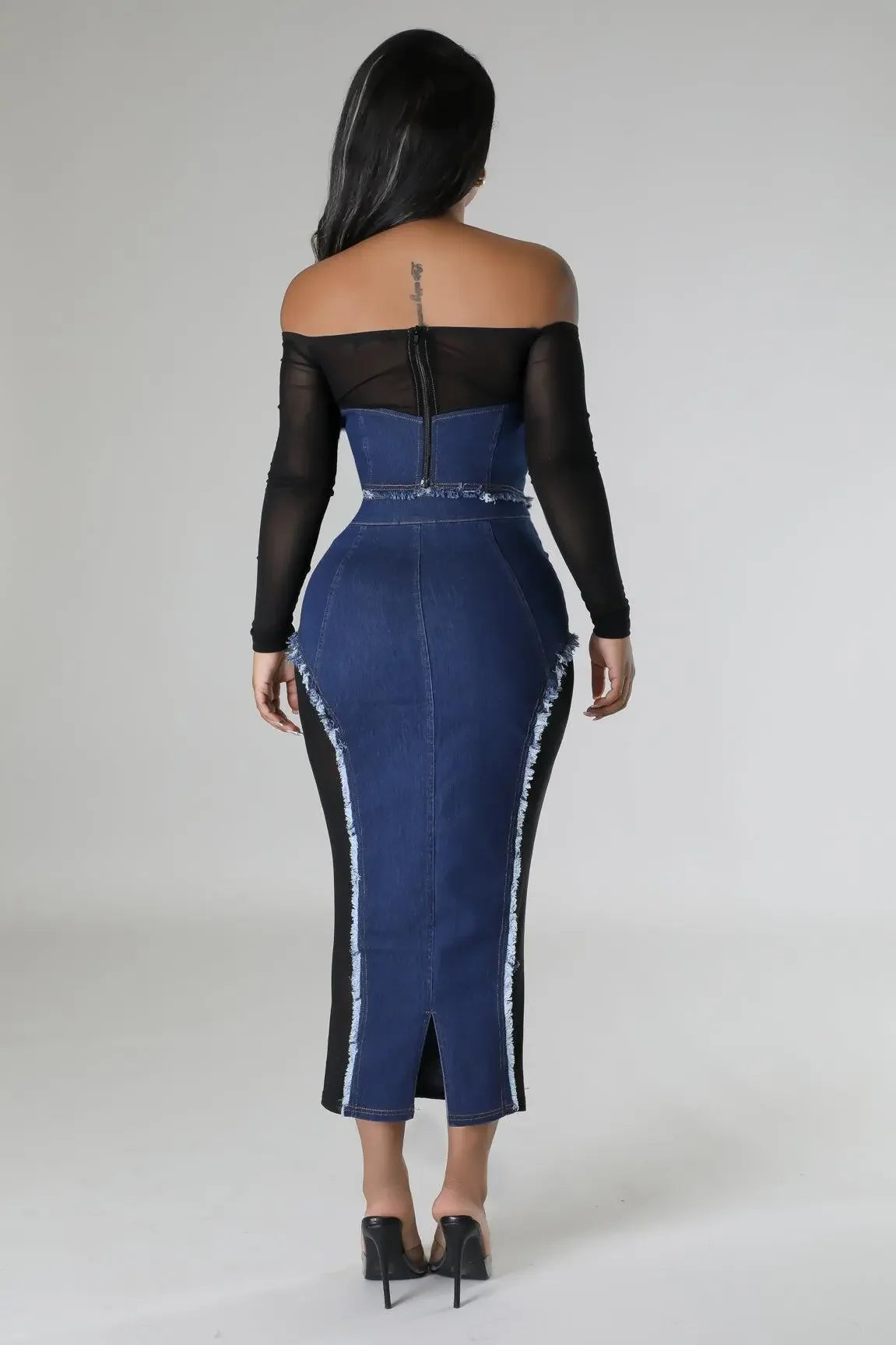 IMIEMIE Leosd Sexy Black Mesh Patchwork Blue Denim Long Skirt Sets Women Long Sleeve Slash Neck Crop Top 2 Pieces Sets Party Clubwear