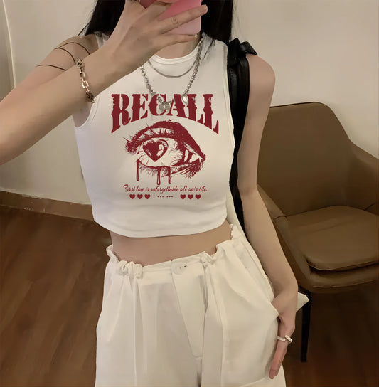 IMIEMIE Letters & Eyes Pattern Print Punk Sleeveless Design Summer Slimming Short Vest Hot Girl Style Fashionable Women's Top