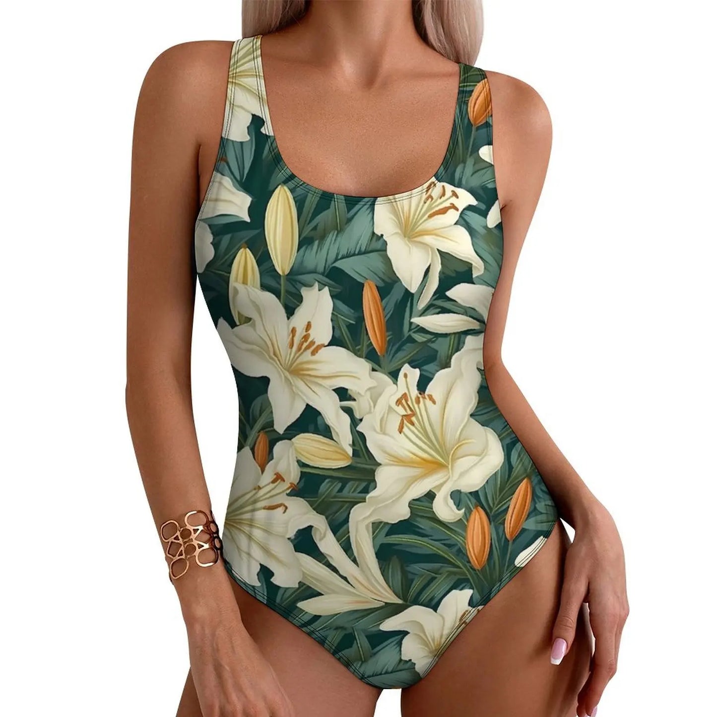 IMIEMIE Lily Floral Swimsuit Sexy White Flower Print One-Piece Swimwear Push Up Swimsuits Classic Holiday Pool Monokini