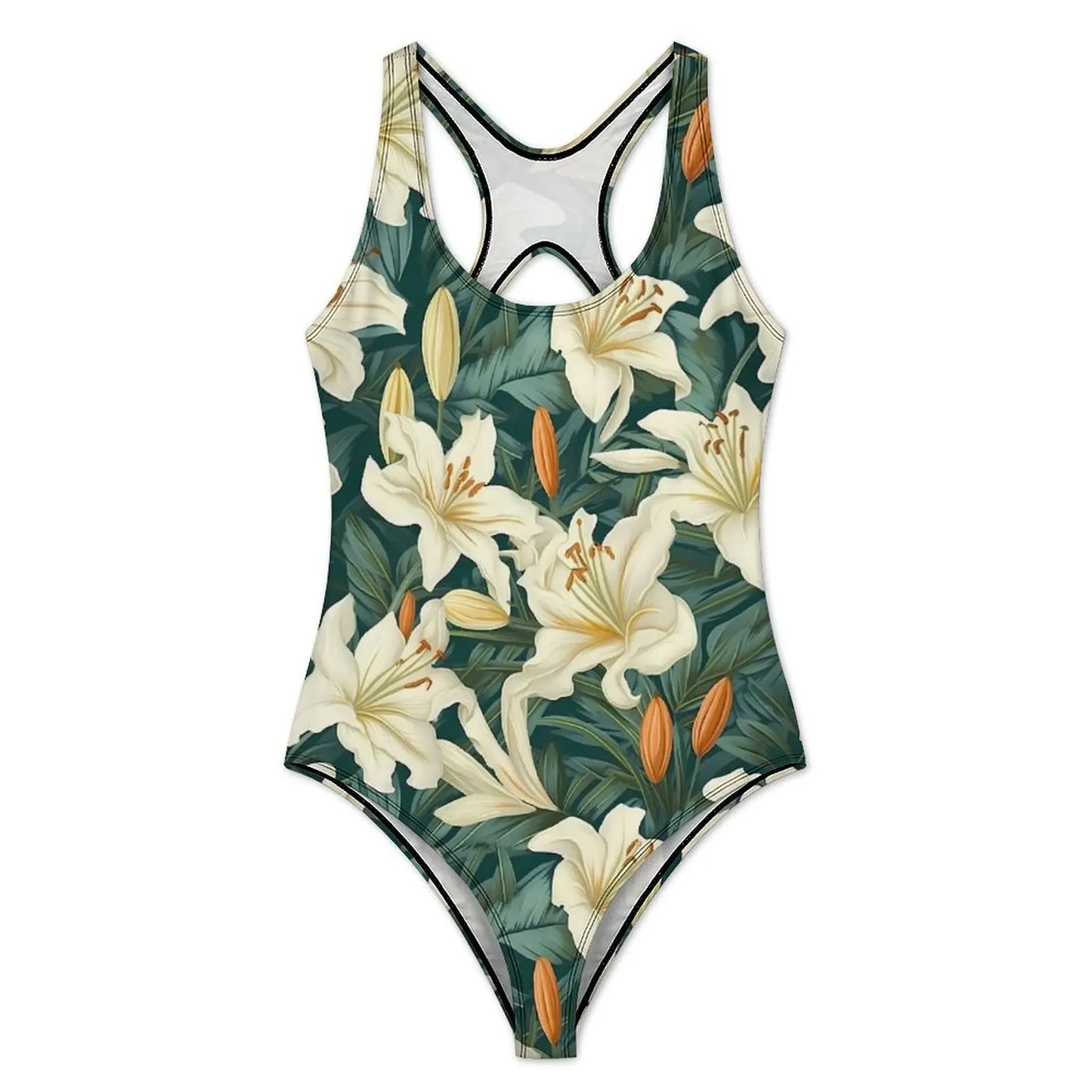 IMIEMIE Lily Floral Swimsuit Sexy White Flower Print One-Piece Swimwear Push Up Swimsuits Classic Holiday Pool Monokini