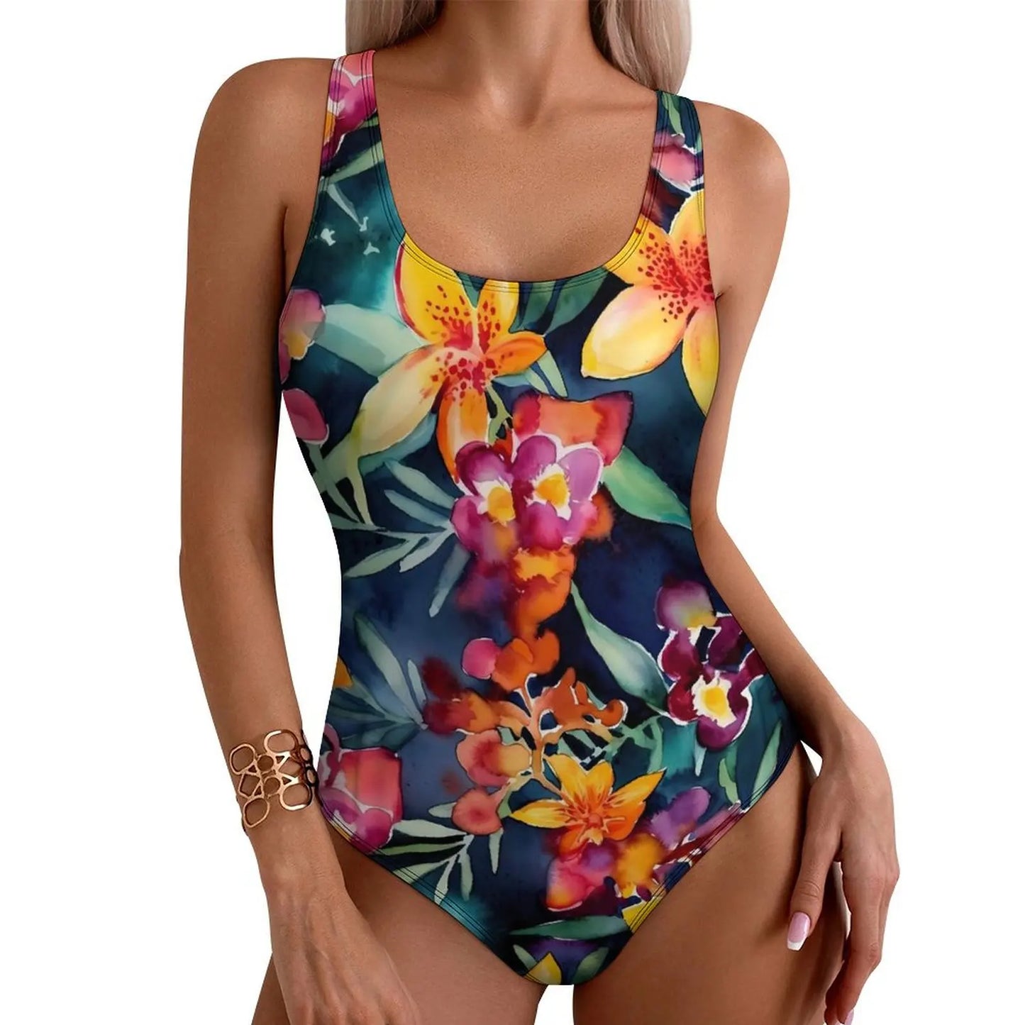 IMIEMIE Lily Floral Swimsuit Sexy White Flower Print One-Piece Swimwear Push Up Swimsuits Classic Holiday Pool Monokini