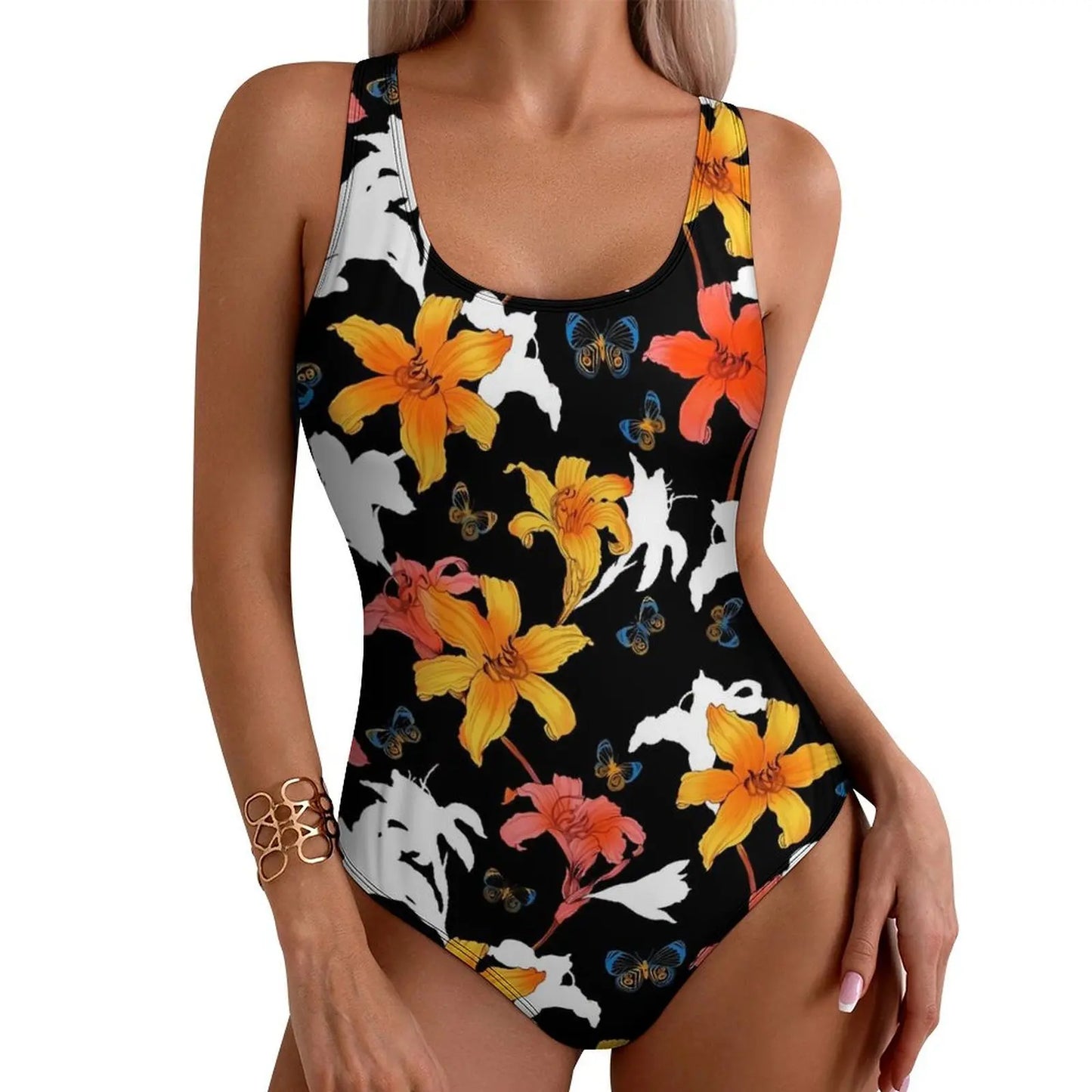 IMIEMIE Lily Floral Swimsuit Sexy White Flower Print One-Piece Swimwear Push Up Swimsuits Classic Holiday Pool Monokini