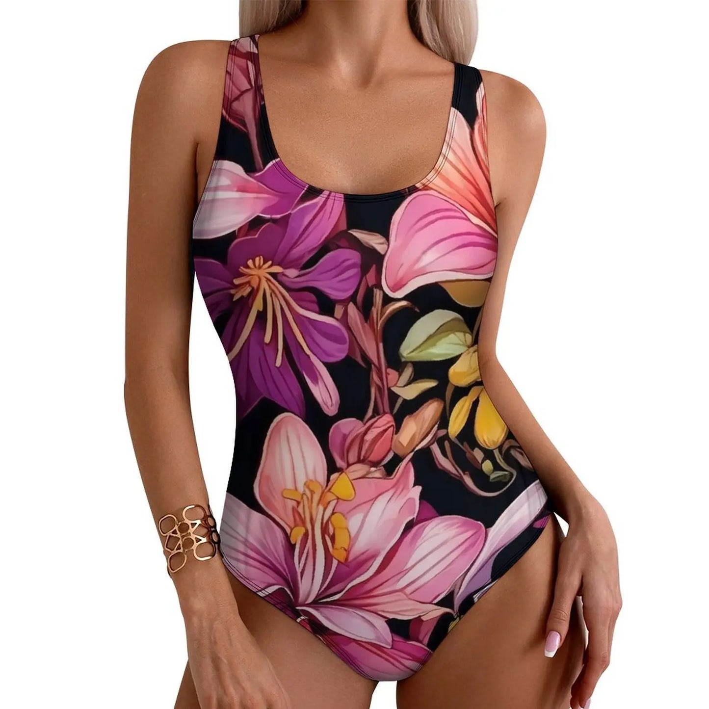 IMIEMIE Lily Floral Swimsuit Sexy White Flower Print One-Piece Swimwear Push Up Swimsuits Classic Holiday Pool Monokini