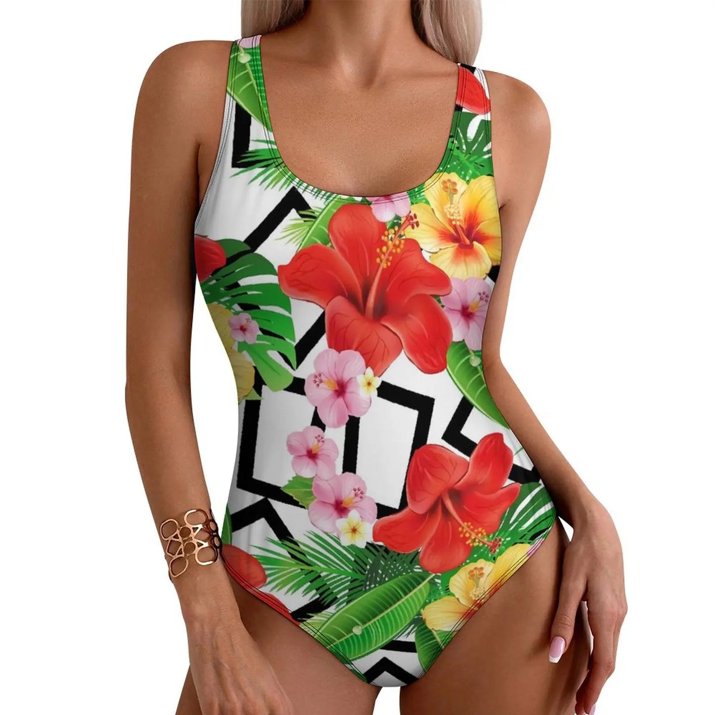 IMIEMIE Lily Floral Swimsuit Sexy White Flower Print One-Piece Swimwear Push Up Swimsuits Classic Holiday Pool Monokini