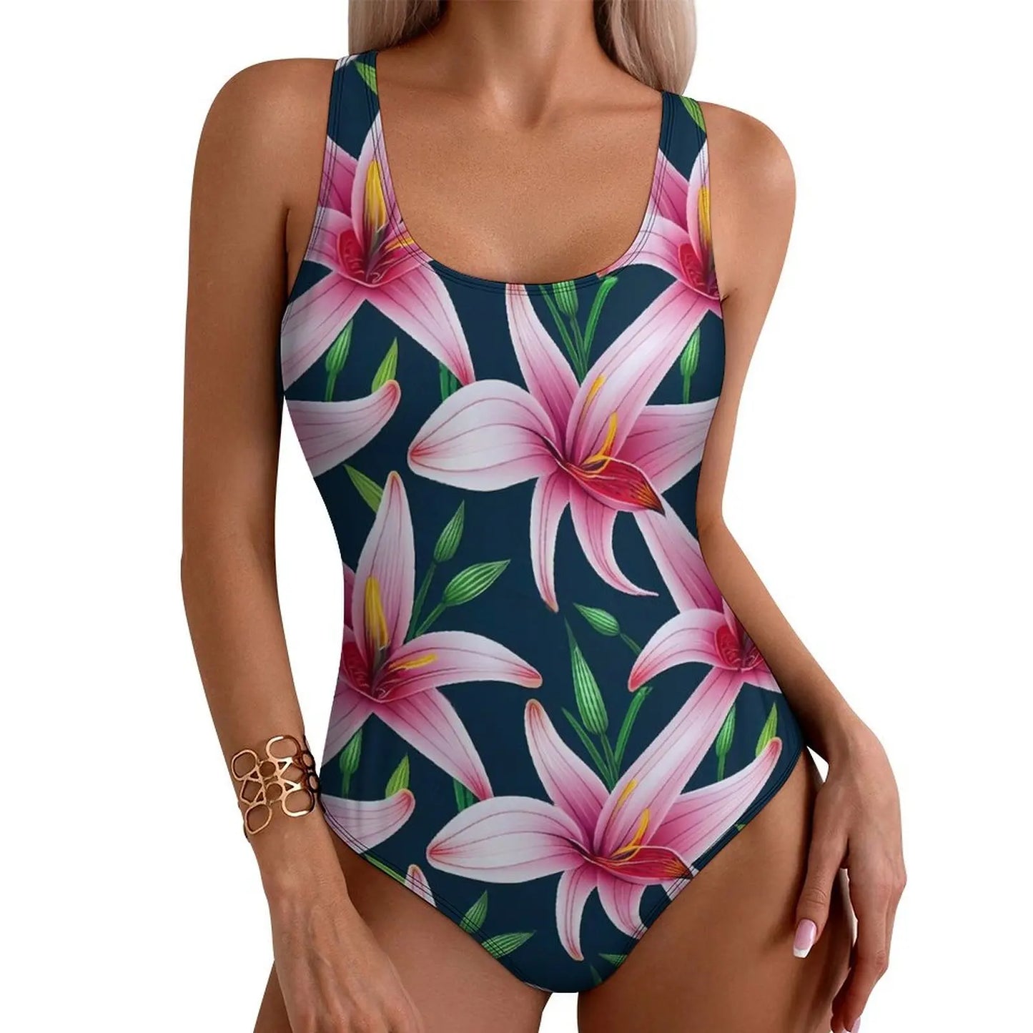 IMIEMIE Lily Floral Swimsuit Sexy White Flower Print One-Piece Swimwear Push Up Swimsuits Classic Holiday Pool Monokini