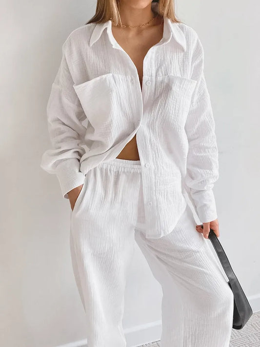 IMIEMIE Linad White Pajamas For Women Cotton Long Sleeve 2 Piece Sets Nightwear Female Casual Trouser Suits Solid 2024 Autumn Sleepwear