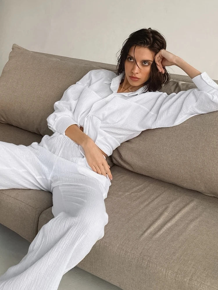 IMIEMIE Linad White Pajamas For Women Cotton Long Sleeve 2 Piece Sets Nightwear Female Casual Trouser Suits Solid 2024 Autumn Sleepwear