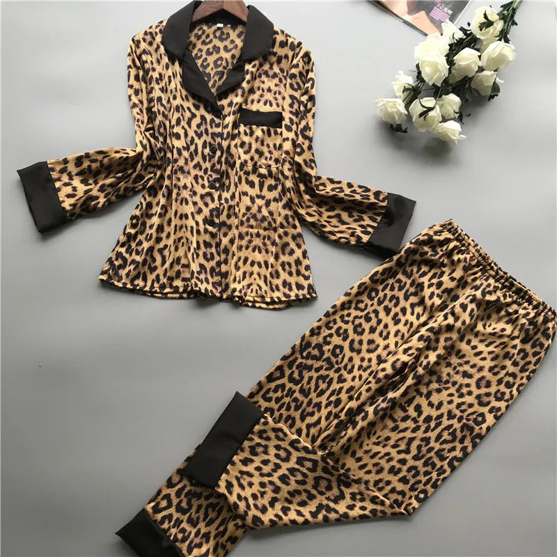 IMIEMIE Lisacmvpnel Spring New Long Sleeve Pajamas Woman Ice Silk Fashion Leopard Print Sexy Pajama Set