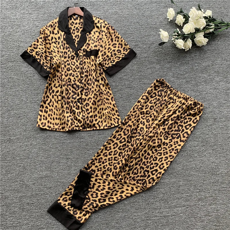 IMIEMIE Lisacmvpnel Spring New Long Sleeve Pajamas Woman Ice Silk Fashion Leopard Print Sexy Pajama Set