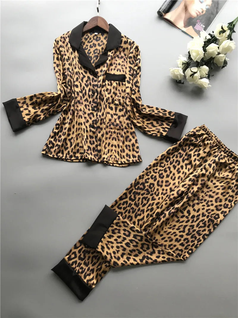 IMIEMIE Lisacmvpnel Spring New Long Sleeve Pajamas Woman Ice Silk Fashion Leopard Print Sexy Pajama Set