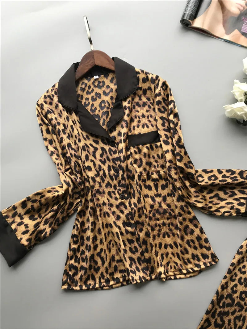 IMIEMIE Lisacmvpnel Spring New Long Sleeve Pajamas Woman Ice Silk Fashion Leopard Print Sexy Pajama Set