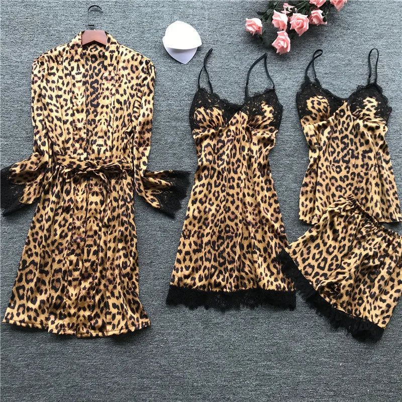 IMIEMIE Lisacmvpnel Spring New Long Sleeve Pajamas Woman Ice Silk Fashion Leopard Print Sexy Pajama Set