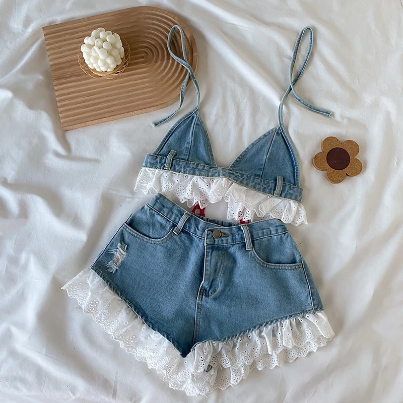 IMIEMIE Lolita Girls Blue Denim Lace Two Piece Set Y2K Women Bustier Camis Crop Top High Waist Shorts Outfits Sexy Femenino 2 Piece Set