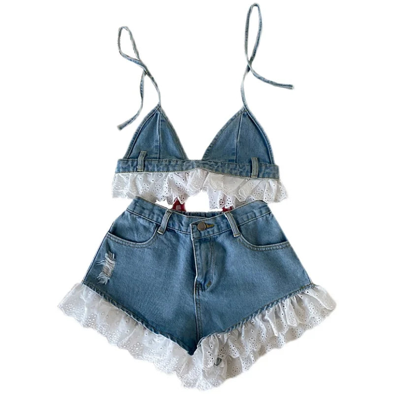 IMIEMIE Lolita Girls Blue Denim Lace Two Piece Set Y2K Women Bustier Camis Crop Top High Waist Shorts Outfits Sexy Femenino 2 Piece Set