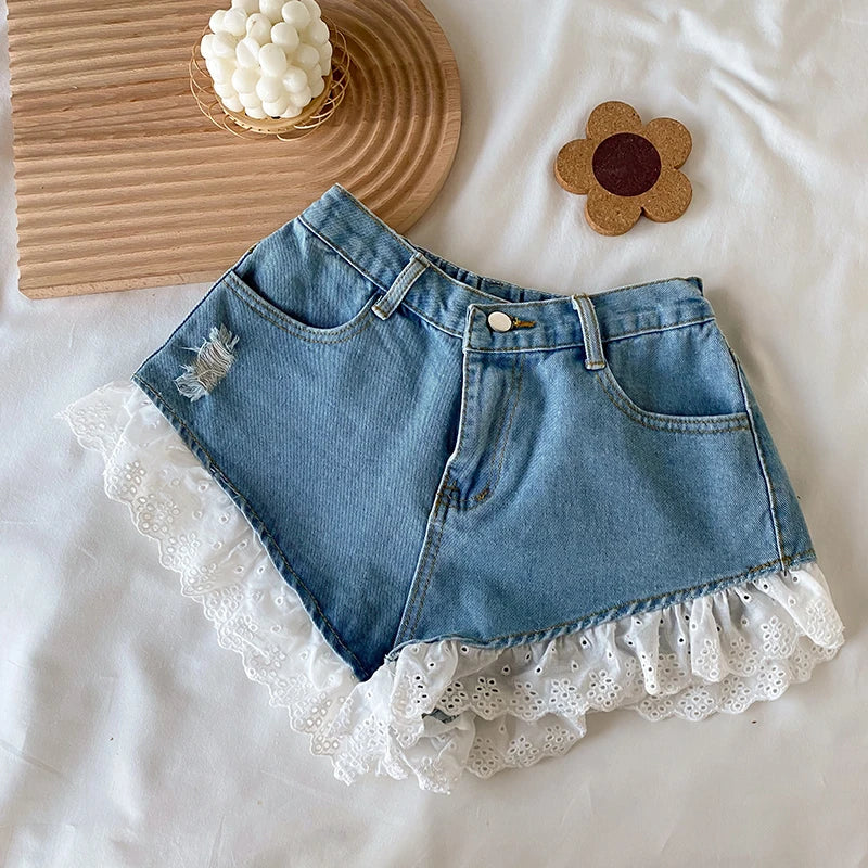 IMIEMIE Lolita Girls Blue Denim Lace Two Piece Set Y2K Women Bustier Camis Crop Top High Waist Shorts Outfits Sexy Femenino 2 Piece Set