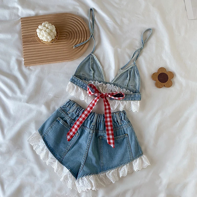 IMIEMIE Lolita Girls Blue Denim Lace Two Piece Set Y2K Women Bustier Camis Crop Top High Waist Shorts Outfits Sexy Femenino 2 Piece Set