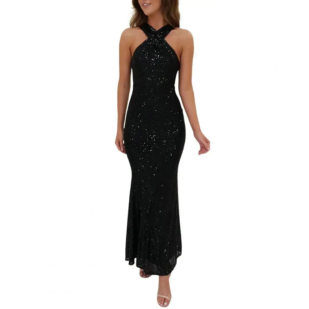 IMIEMIE Long Mermaid Bridesmaid Dress Elegant Sequin Halter Neck Evening Gown for Women Backless Slim Fit Sheath Dress Ankle Length