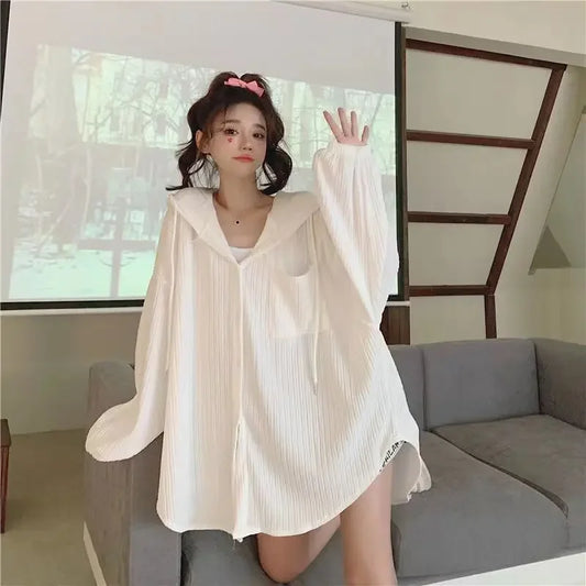 IMIEMIE Long Sleeve Fashion Woman Blouse 2024 Hat Coats Youthful Elegant Women's Shirts Oversized Shirt Blouses Top & Stylish White