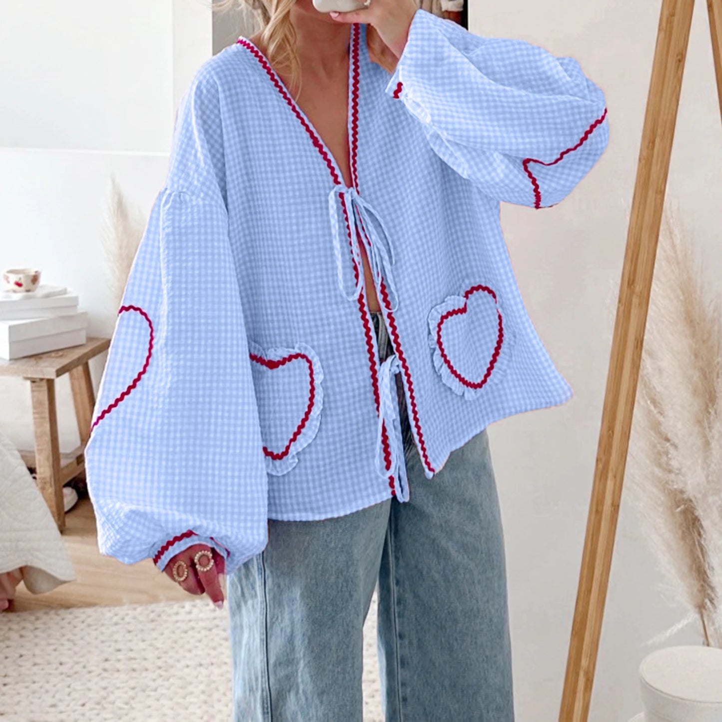 IMIEMIE Long Sleeve Heart Embroidery Plaid Shirts Women Front Bowknot Tie-Up Fashion Autumn Deep V Neck Casual Tops