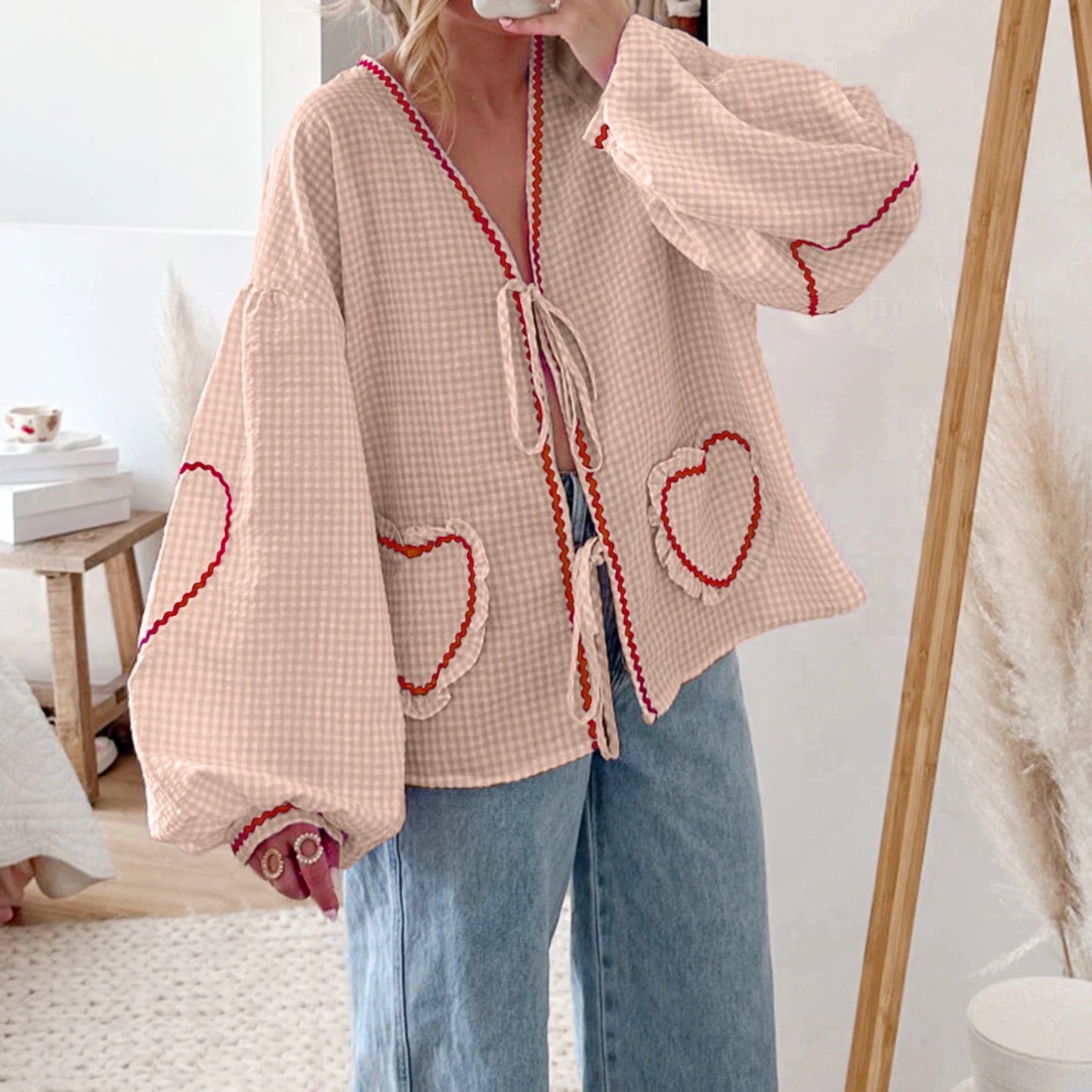 IMIEMIE Long Sleeve Heart Embroidery Plaid Shirts Women Front Bowknot Tie-Up Fashion Autumn Deep V Neck Casual Tops