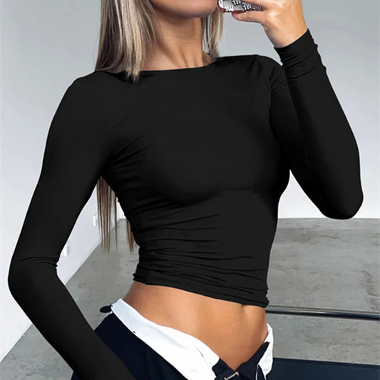 IMIEMIE Long Sleeve T-Shirts Crop Tops Women Autumn Spring Slim O Neck Causal Solid Pullovers Base Tees Streetwear Y2K Bodycon T Shirt