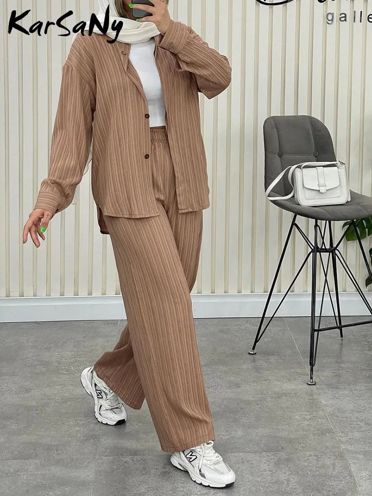 IMIEMIE Loose 2 Pieces Set Women Outfit Shirt And Pants Set Chiffon Straight Full Pants Office Sets For Women Oversized Shirts Suits